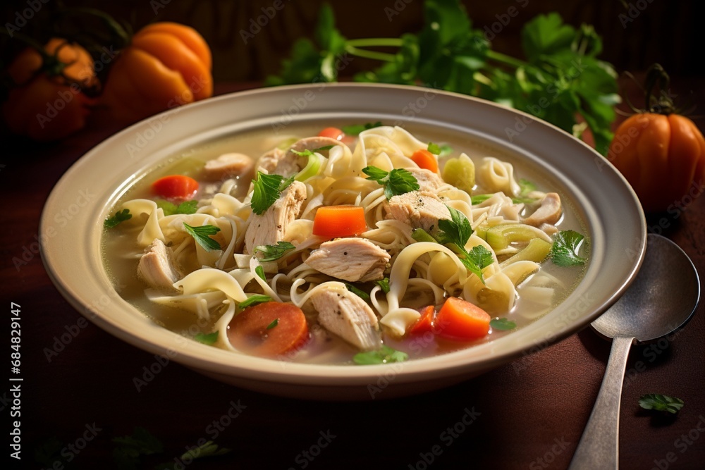 A bowl of comforting chicken noodle soup with tender chicken and vegetables.