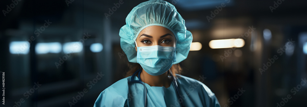 Portrait of female doctor on duty in a hospital wearing light blue uniform and surgical mask. Copy space. Space for text. banner. - obrazy, fototapety, plakaty 