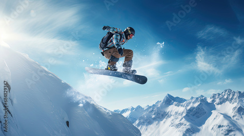 Snowboarder executing perfect grab while soaring off jump