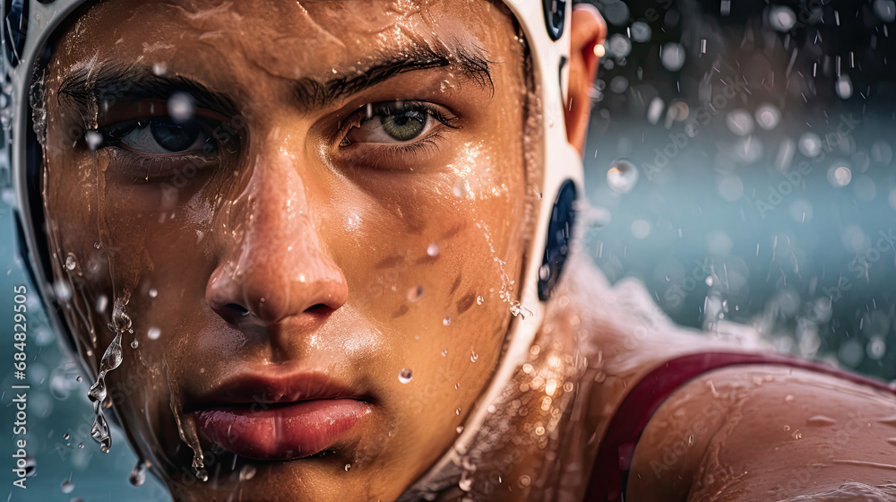 Close-up of water polo player's face concentration and determination