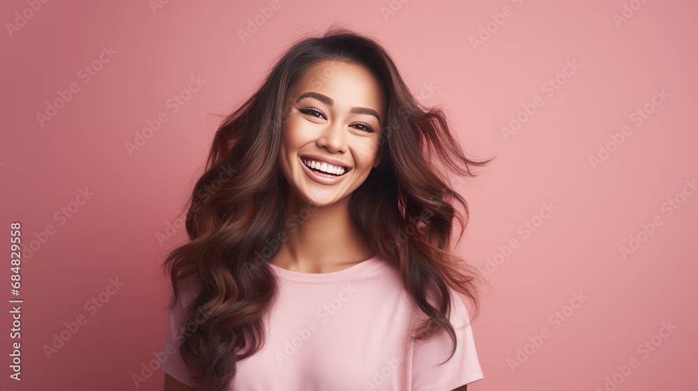 young filipino woman, happy smiling into camera, pink background, soft, vibrant, energetic, copy space, 16:9 young filipino woman, happy smiling into camera, pink background, soft, vibrant, energetic, copy space, 16:9