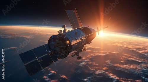 Space satellite orbiting the earth. Global communication system. World Wide Web. A satellite or spaceship or spacecraft in orbit transmits a signal to the planet. Modern and future digital technology photo