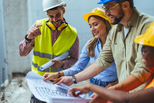 Team of civil engineer manager, maintenance supervisor, professional technician foreman together with safety operator inspect and discuss the infrastructure of building construction progress at site