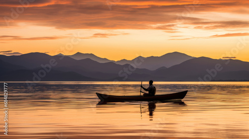 Tranquil canoeist on a calm lake at sunset