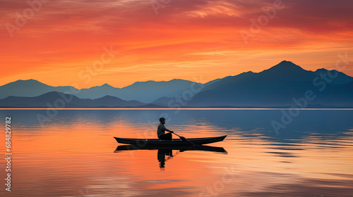 Calm lake at sunset with lone canoeist