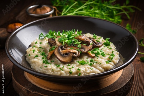 A bowl of creamy mushroom risotto garnished with fresh herbs.
