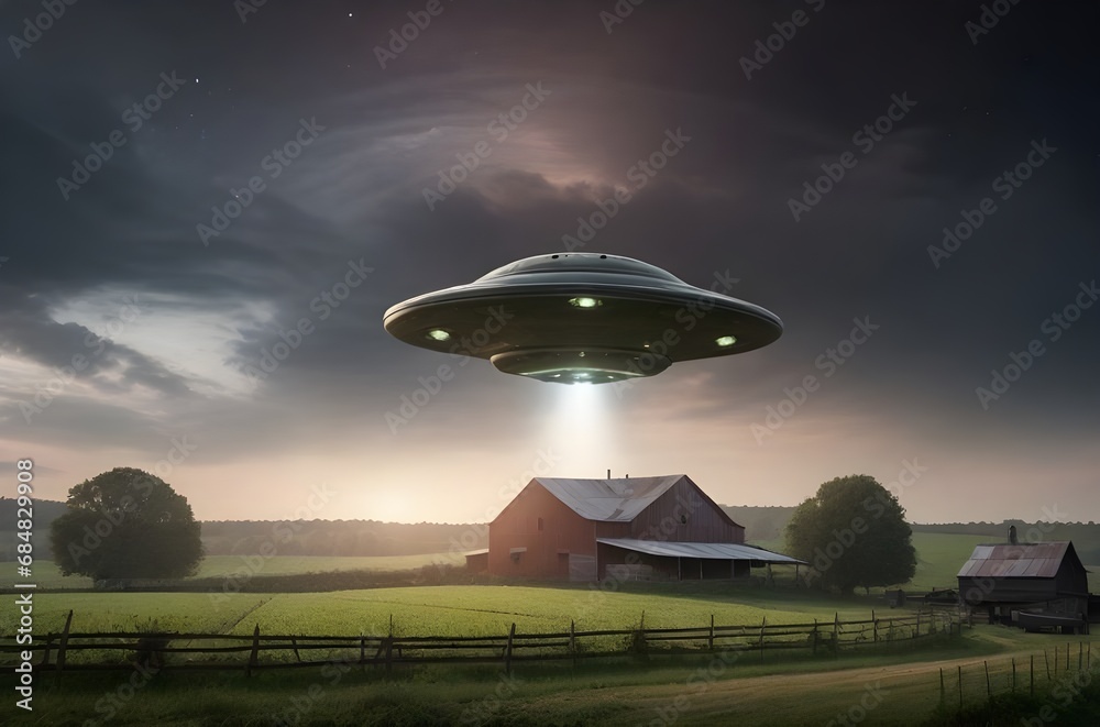 UFO, an alien spaceship with rays hovering over a farm in a field. Generative AI UFO, an alien spaceship with rays hovering over a farm in a field. Generative AI