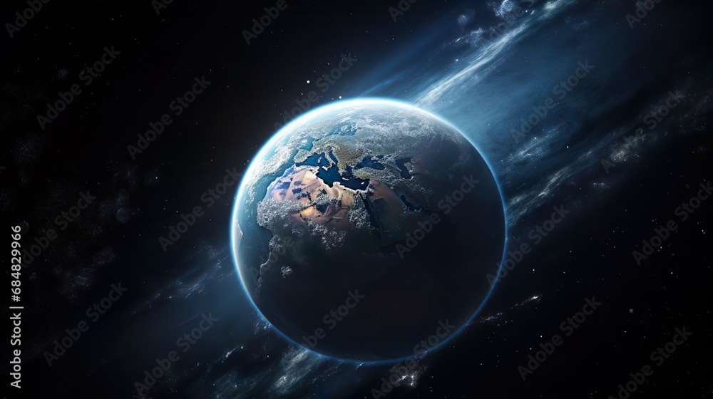 Stunning view of the blue planet earth with oceans and continents from starry outer space. Solar system. The concept of environmental conservation the future of humanity and space tourism.