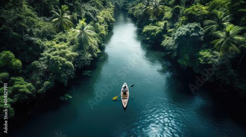 Kayaker in tropical river lush vegetation