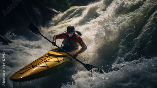 Canoeist in cascading waterfall