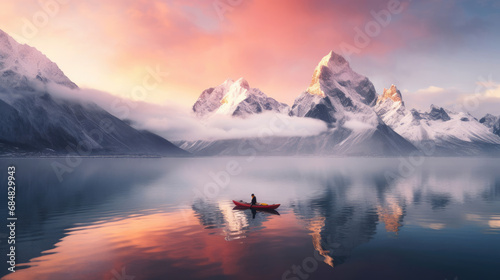Kayaker on glassy lake snow-capped mountains