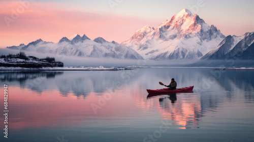 Kayaker on glassy lake snow-capped mountains