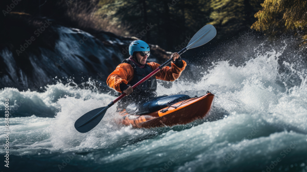 Fototapeta premium Kayaker skillfully executing precise turn