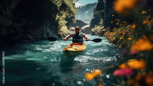 Kayaker expertly navigating tight bends in meandering river © javier