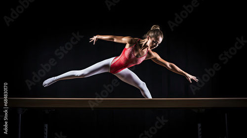 Gymnast's elegant extension in graceful backbend on beam
