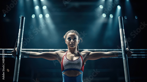 Gymnast executing breathtaking release move on uneven bars