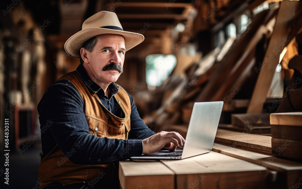 Portrait of bold moustache retired carpenter sitting at his workshop and working with laptop. Small business concept