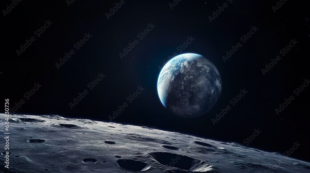 Amazing view of the blue planet earth from the lunar surface with craters. The Moon is a satellite of the Earth. Starry outer space. Solar system. The concept of environmental conservation the future