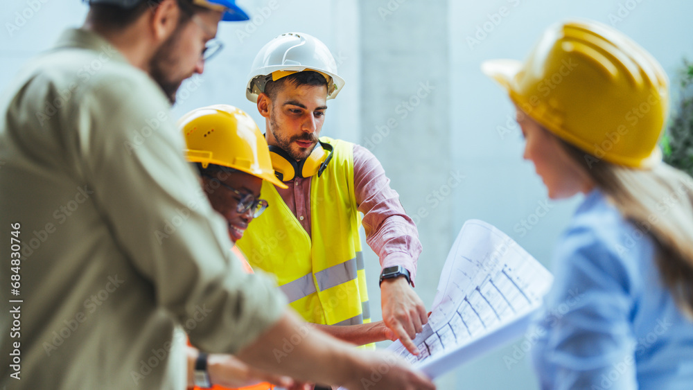 Team of civil engineer manager, maintenance supervisor, professional technician foreman together with safety operator inspect and discuss the infrastructure of building construction progress at site Team of civil engineer manager, maintenance supervisor, professional technician foreman together with safety operator inspect and discuss the infrastructure of building construction progress at site