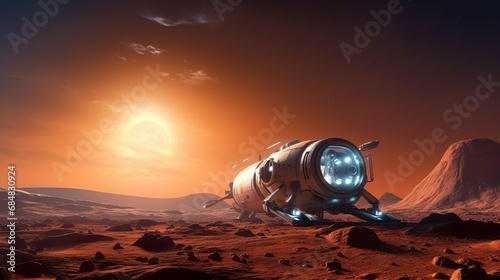 A spacecraft makes a scientific expedition to red planet Mars. A modern technological rover spaceship landed on the red planet to find water on Mars. Mission flight beyond the solar system. Global photo