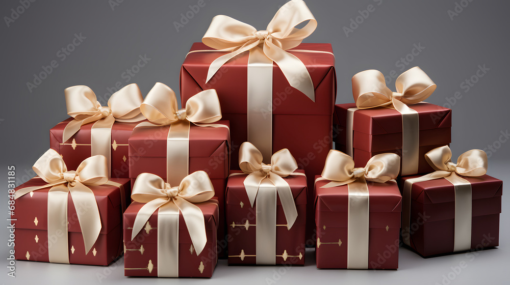 Fototapeta premium A collection of red and white gift wrapped presents with a red and gold ribbon bows isolated 