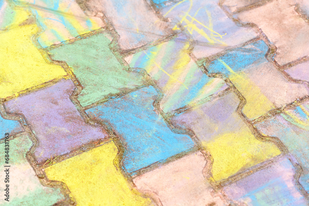 Sidewalk paving tiles covered in colorful chalk multi colored outdoors pavement, ground closeup, kids art therapy and artistic activity abstract concept, nobody. Simple colourful background, happiness