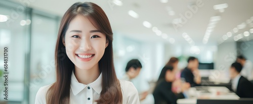 happy korean business woman manager at office meeting. smiling female hr hiring recruit at job interview. generative AI