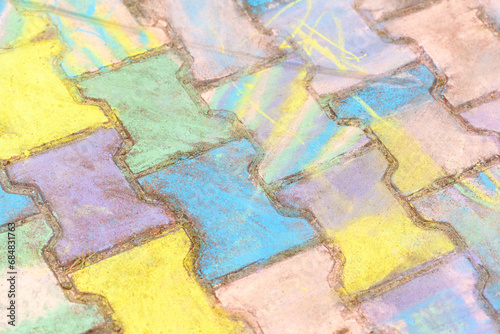 Sidewalk paving tiles covered in colorful chalk multi colored outdoors pavement  ground closeup  kids art therapy and artistic activity abstract concept  nobody. Simple colourful background  happiness