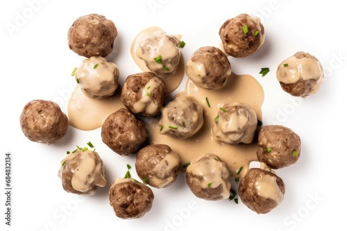Swedish Meatballs in Bechamel Sauce, Traditional Sweden Meat Balls, Served Roasted Meat Ball Lunch photo