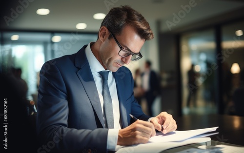 Busy businessman investor checking bank document at office team meeting