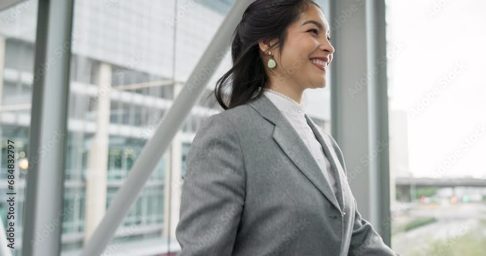 Walking, wave and a business woman in an airport for travel with a smile on her face looking ready for a trip. Portrait, corporate and a happy female professional employee in a terminal for departure