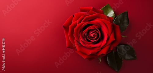 Craft an image highlighting the beauty of a red rose from above  set against an isolated red background.