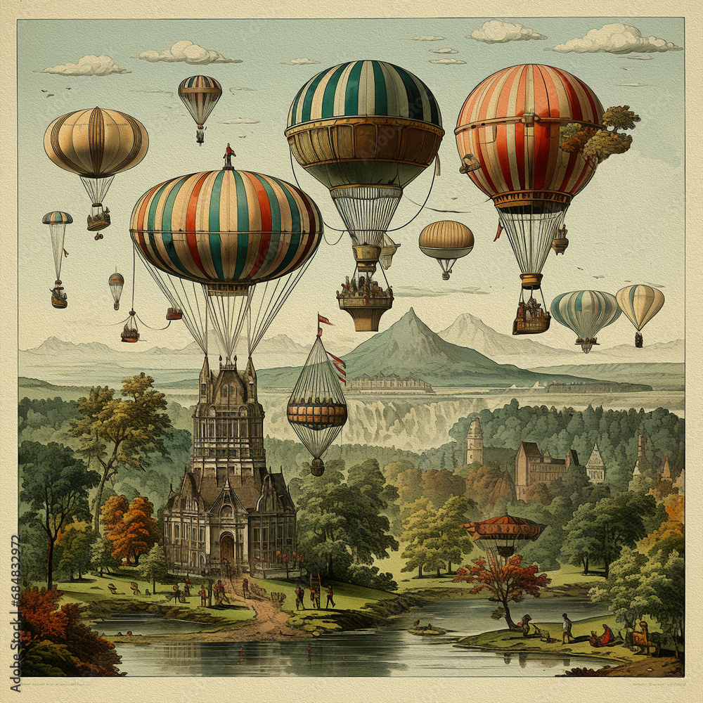 Retro futuristic fantasy:  giant colorful balloon airships in the sky, surrounded by a beautiful landscape as in the early '900 illustrations about the future inventions and technologies