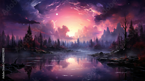 A purple starry sky above a frozen lake. AI generative