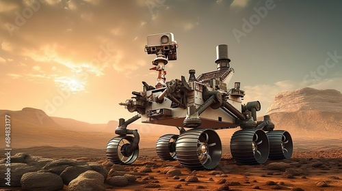 A modern technological rover spaceship landed on the red planet to find water on Mars. Scientific expedition with experiments and research. Mission flight beyond the solar system. Global science about photo