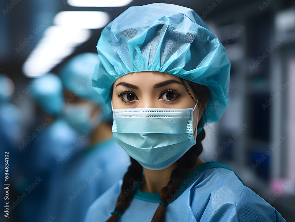 Close-up of Chinese healthcare worker dressed in blue protective uniform and surgical mask, in a hospital environment. Close-up of Chinese healthcare worker dressed in blue protective uniform and surgical mask, in a hospital environment.