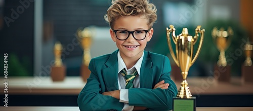Little boy with trophy in classroom looks good.