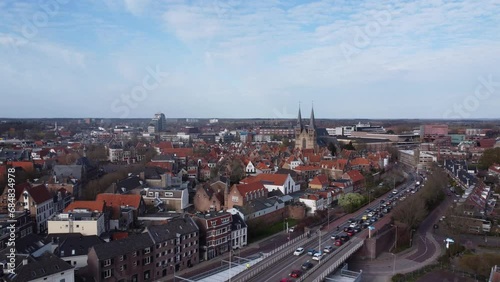 Drone flying into Deventer over the IJsselbridge towards the Bergkerk. photo