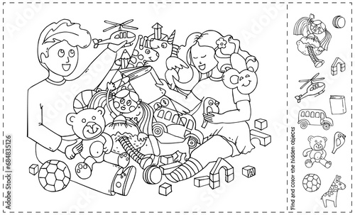 Kids with Pile of Toys. Find and color Hidden 10 Objects in the Picture. Puzzle Visual Game for children. Sketch Vector illustration