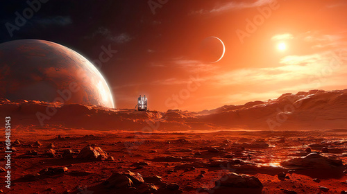A spaceship rover landed on the red planet to find life on Mars. Scientific expedition with experiments and research. Mission flight beyond the solar system. Global science about the universe humanity
