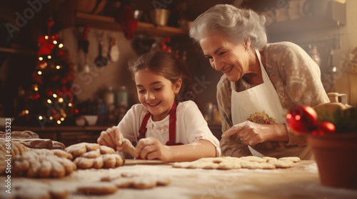 Grandmother and young girl bond joyfully in a cozy kitchen  creating sweet memories as they team up to bake cookies  spreading love and laughter with smiles that reflect the joy of baking together.