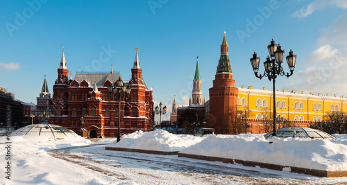 Winter view of Manezhnaya Square in the center of Moscow, located next to the Kremlin of the capital, Russia