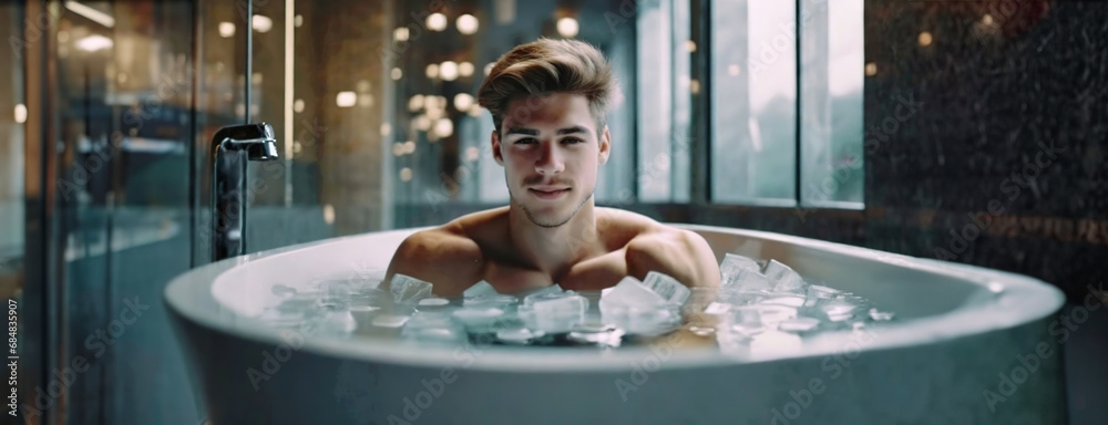 Man bathing in cold water among ice cubes. Cold therapy, breathing techniques. Spa treatments. Boost the immune system and improve mental health. Immersion in icy water, hardening the body. - obrazy, fototapety, plakaty 