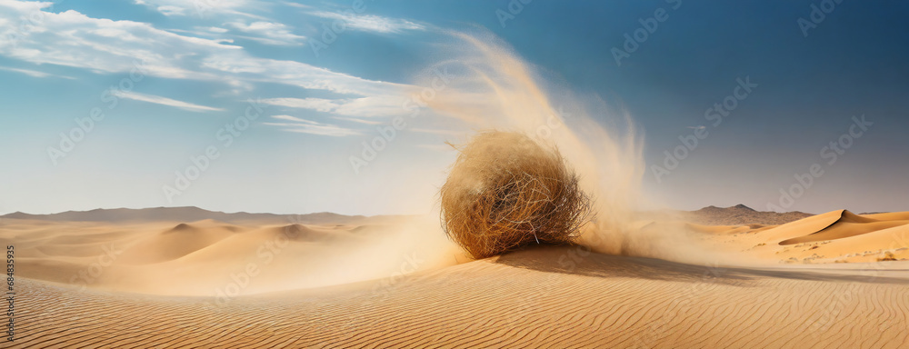 Tumbleweed rolling in desert sand dunes. Made of roofs of the plants. Symbol of desolation and empty expanses, unknown destinations, mysterious, moving across the land at the mercy of the winds. - obrazy, fototapety, plakaty 