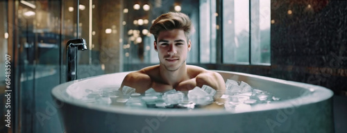 Man bathing in cold water among ice cubes. Cold therapy, breathing techniques. Spa treatments. Boost the immune system and improve mental health. Immersion in icy water, hardening the body.