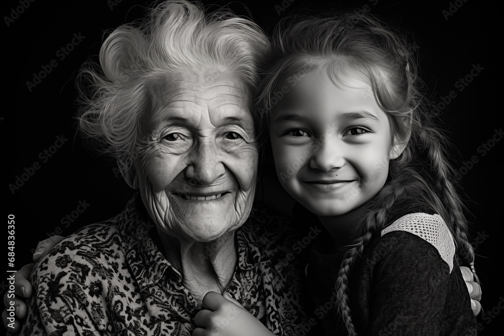 Old lady taking a souvenir photo with her granddaughter Old lady taking a souvenir photo with her granddaughter