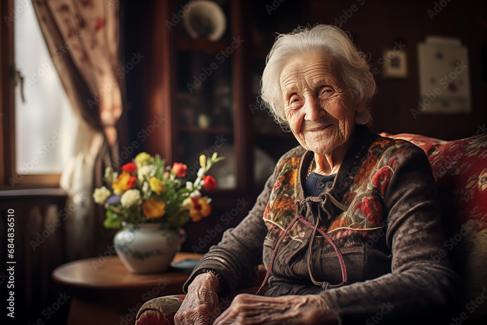elderly lady posing for photo at home