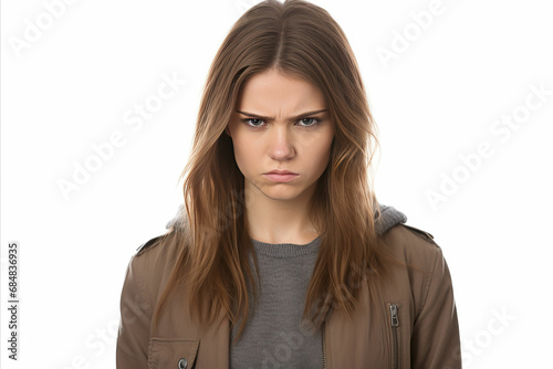 Beautiful young girl with a concerned expression isolated on a clean white background