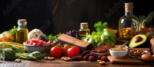 Variety of set raw organic vegetables and fruits on wooden board over dark background