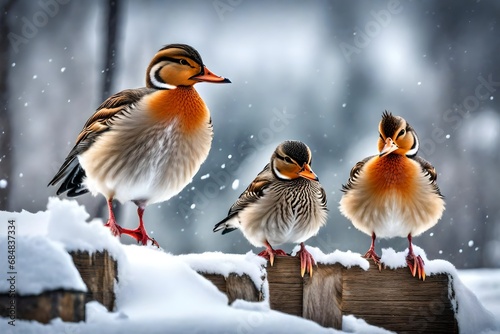 two birds out in the snow, in the style of high dynamic range, duckcore, traditional poses, attention to fur photo